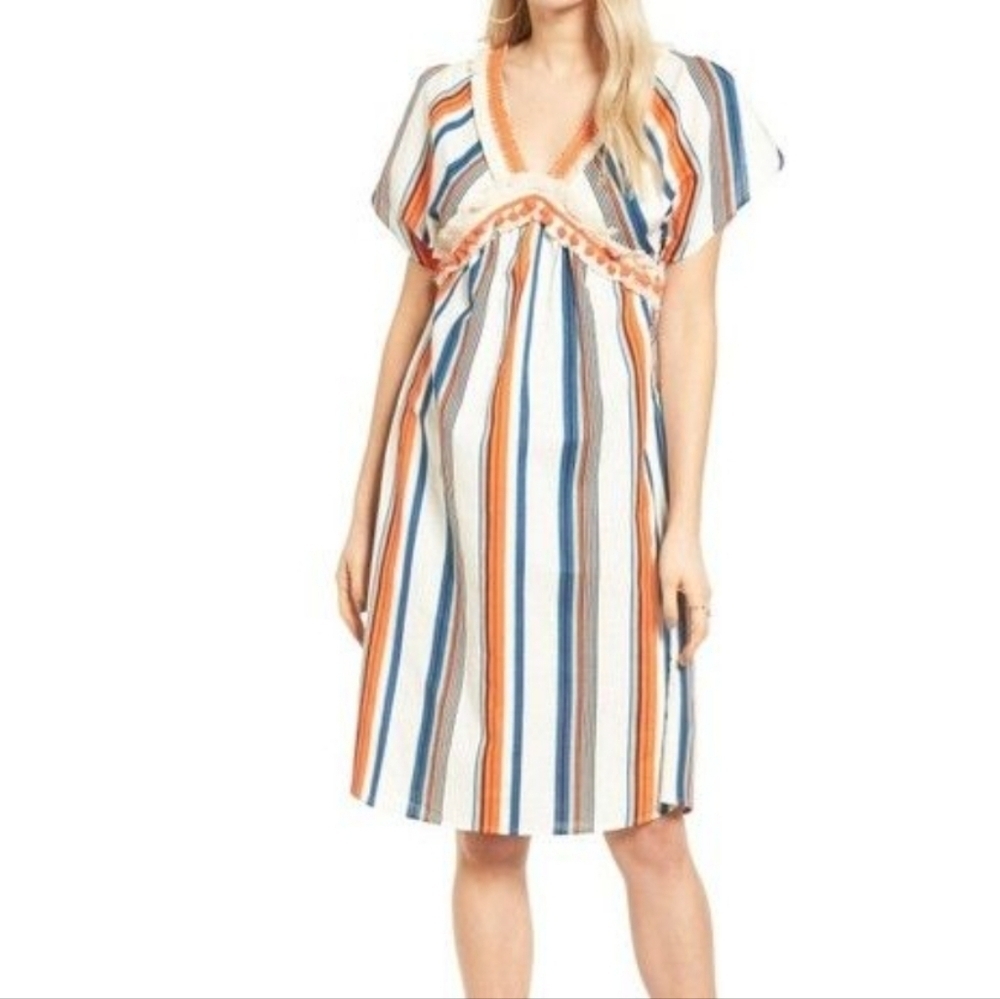 NWT Anthropologie Moon River V neck Back Linen Blend Striped Dress Sz S